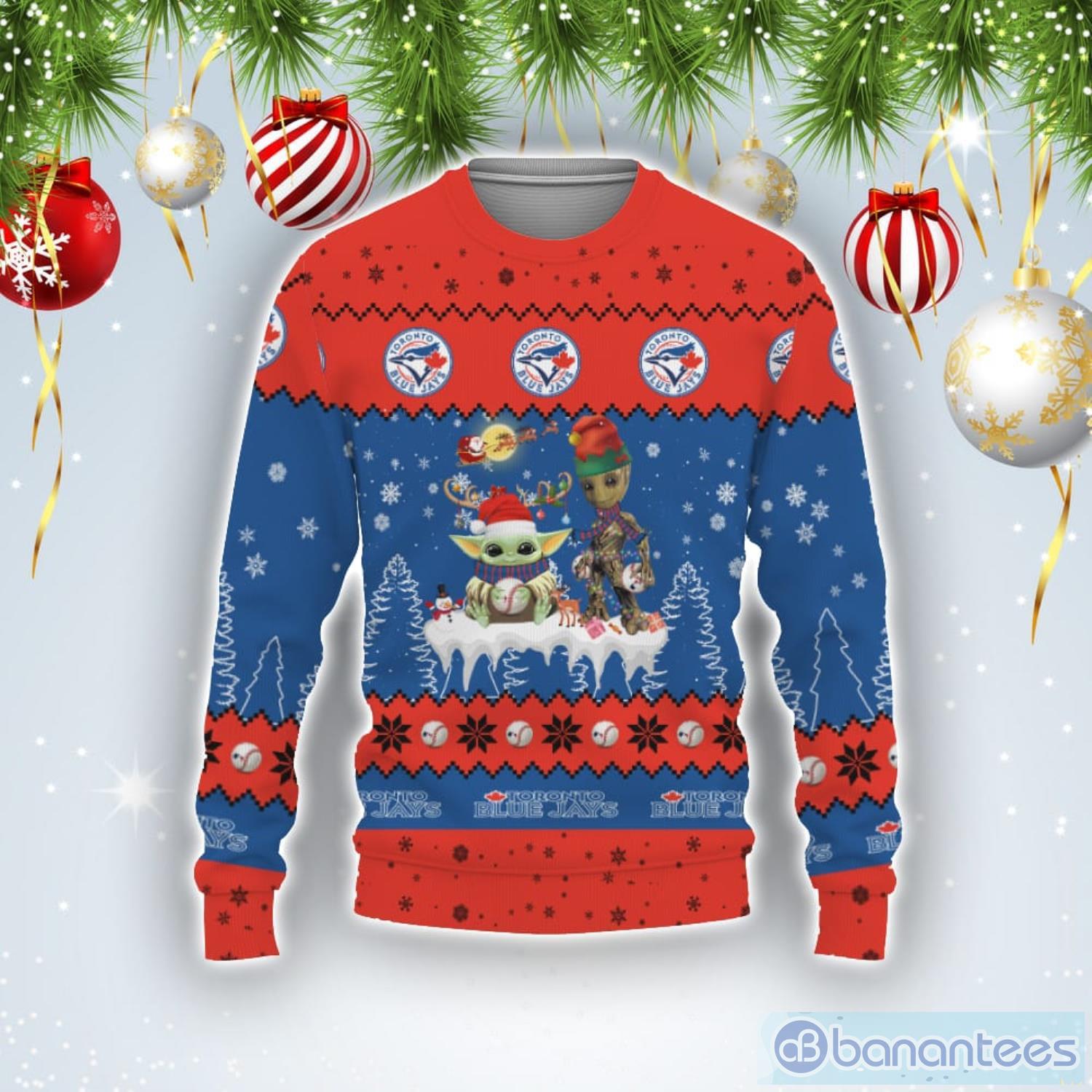 Tis The Season Christmas 2022 Baby Yoda Groot Toronto Blue Jays Ugly Christmas Sweater Product Photo 1