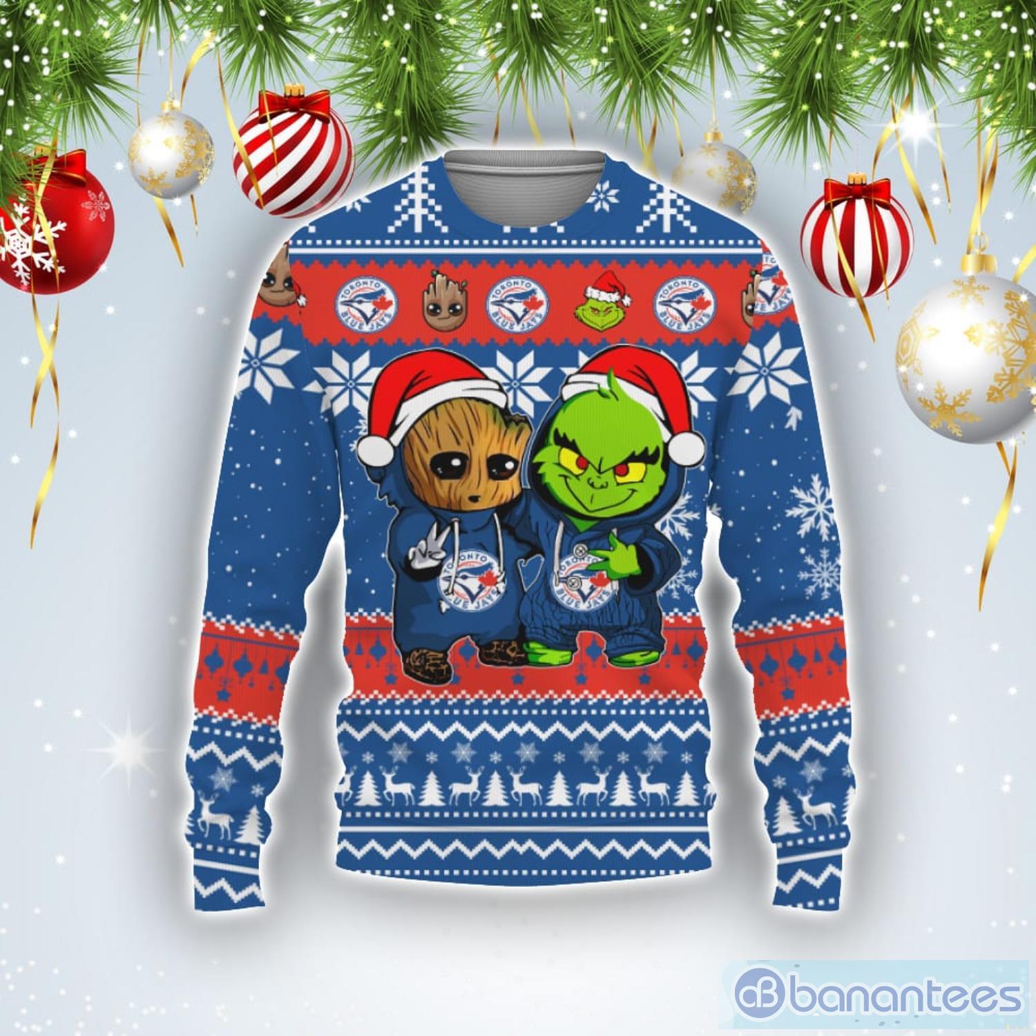 Toronto Blue Jays Baby Groot And Grinch Best Friends Football American Ugly Christmas Sweater Product Photo 1