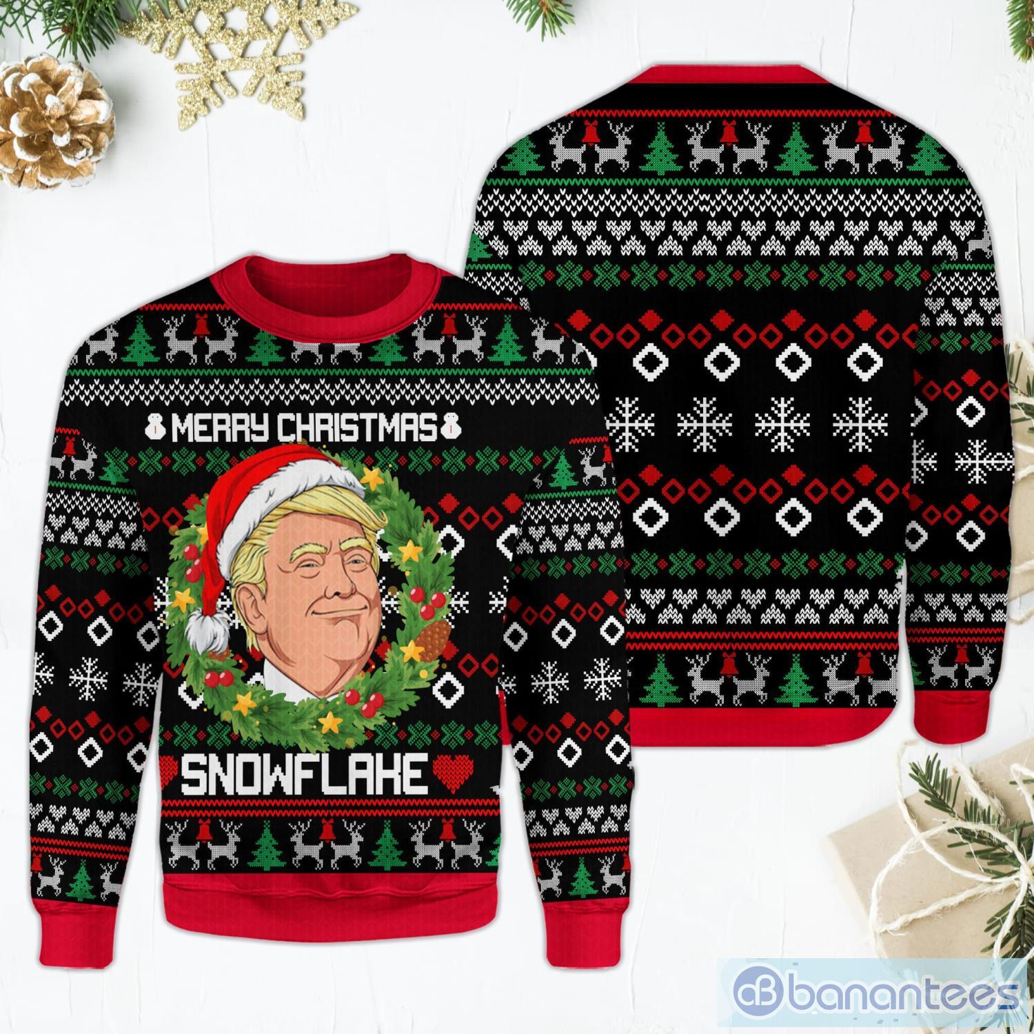 Trump Merry Christmas Snowflake Funny Laurel Wreath Trump Black Ugly Christmas Sweater Product Photo 2