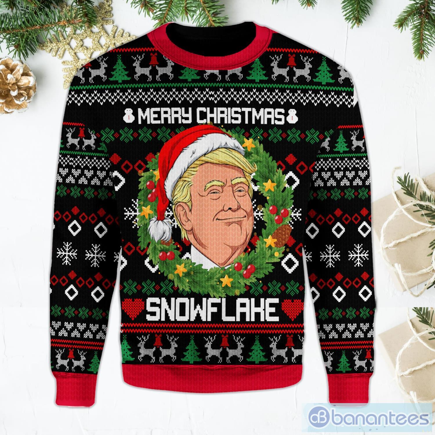 Trump Merry Christmas Snowflake Funny Laurel Wreath Trump Black Ugly Christmas Sweater Product Photo 1