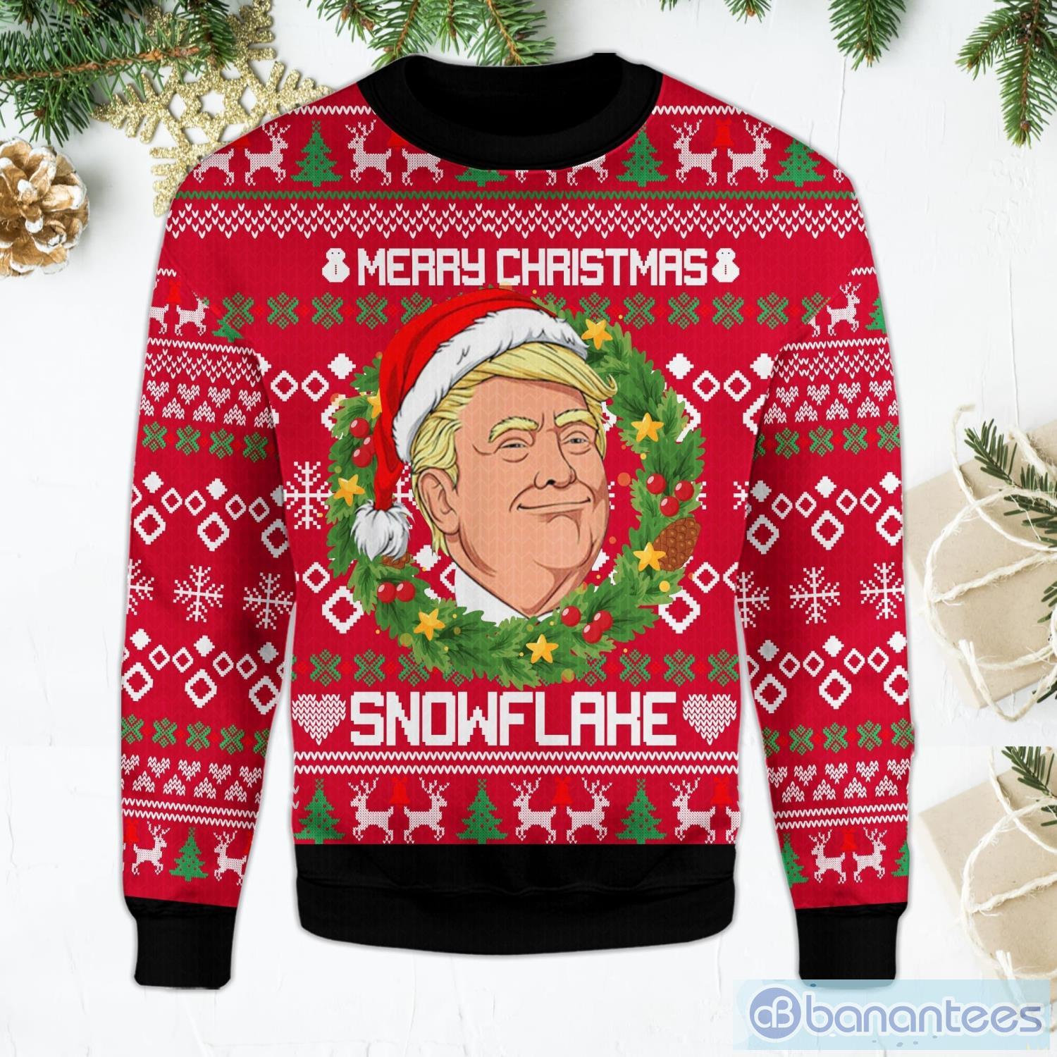 Trump Merry Christmas Snowflake Funny Laurel Wreath Trump Ugly Christmas Sweater Product Photo 1