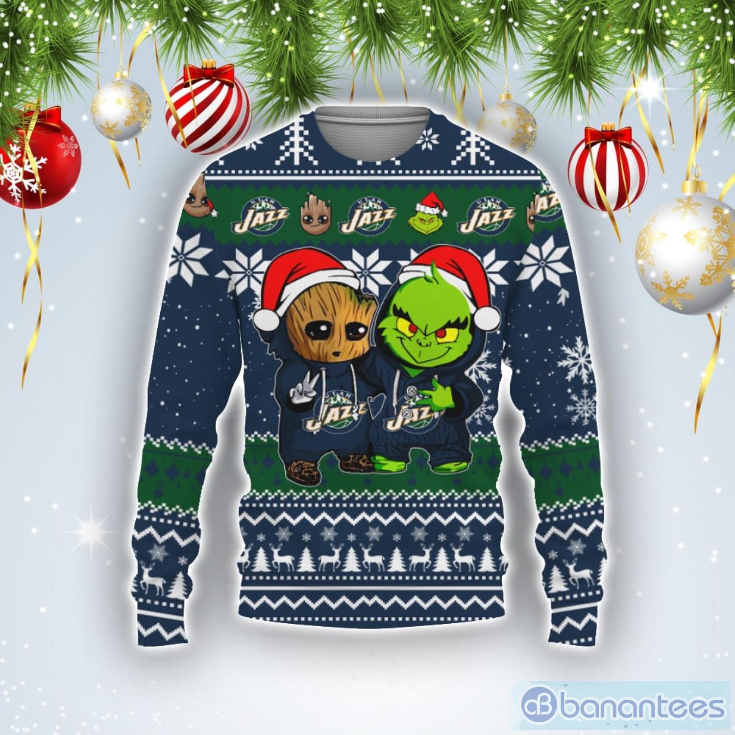 Utah Jazz Baby Groot And Grinch Best Friends Football American Ugly Christmas Sweater Product Photo 1