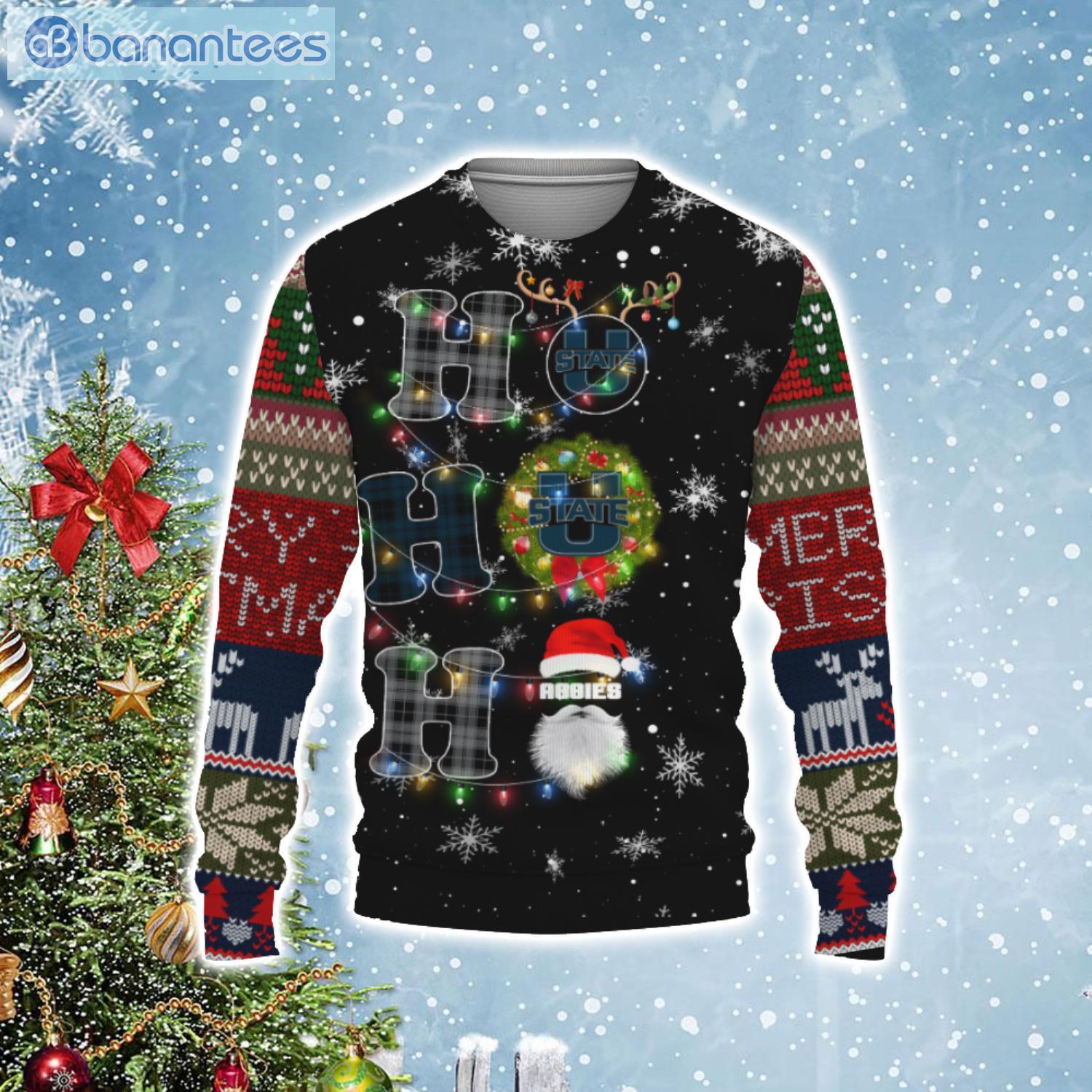 Utah State Aggies NCAA Santa Claus Ho Ho Ho Merry Christmas Light Ugly Christmas Sweater Product Photo 2