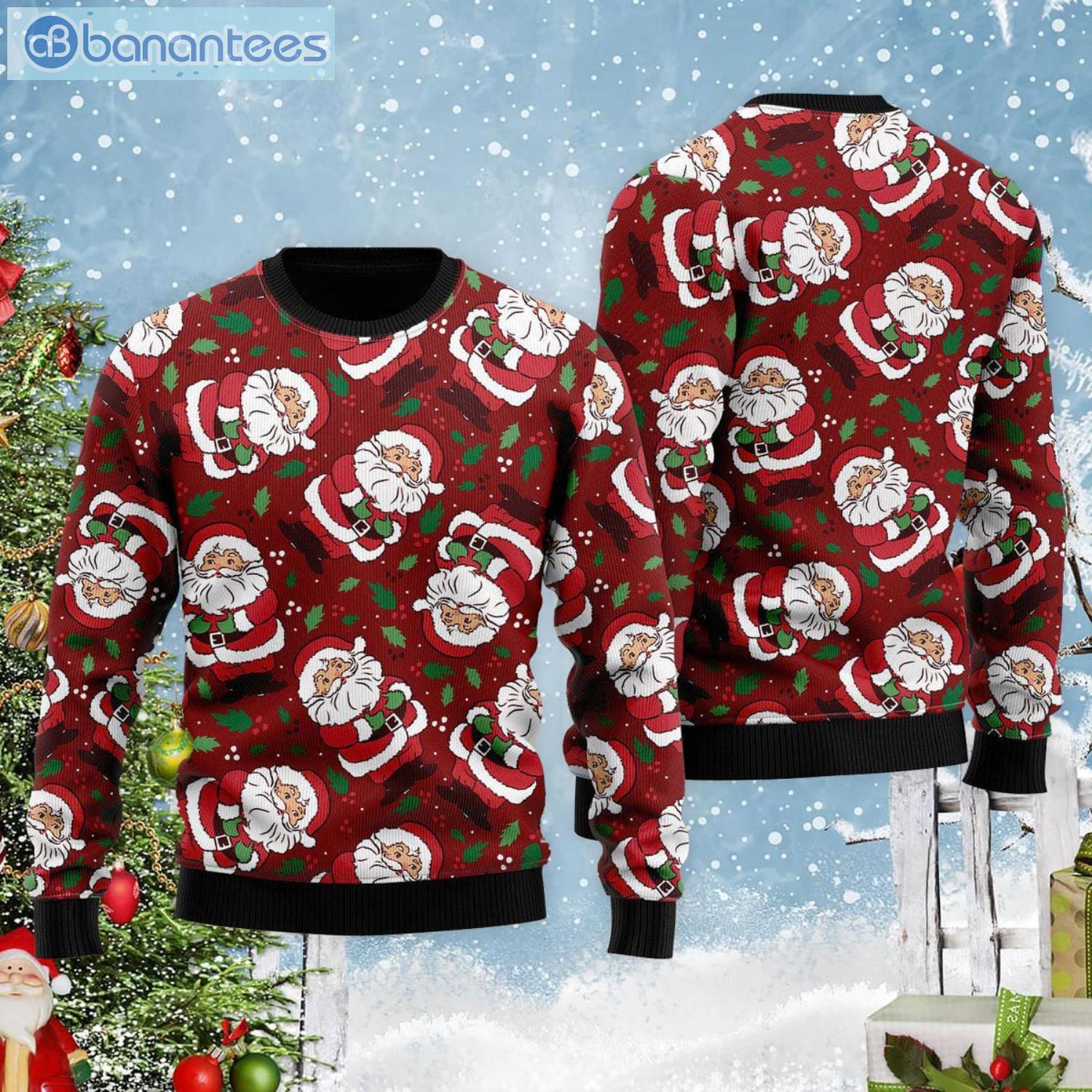 Vintage Santa Claus Ditsy Holly Pattern All Over Print Ugly Christmas Sweater Product Photo 2