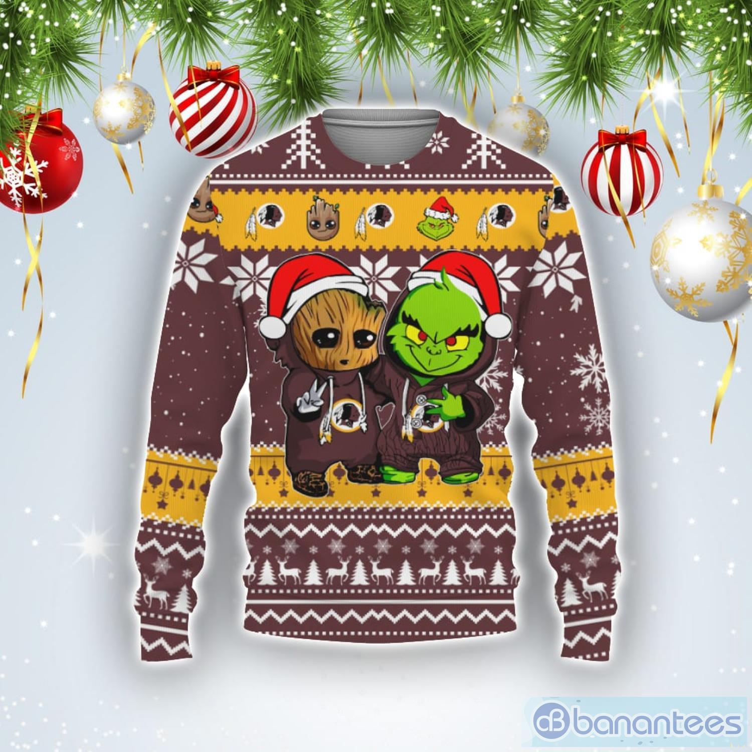 Washington Redskins Baby Groot And Grinch Best Friends Football American Ugly Christmas Sweater Product Photo 1