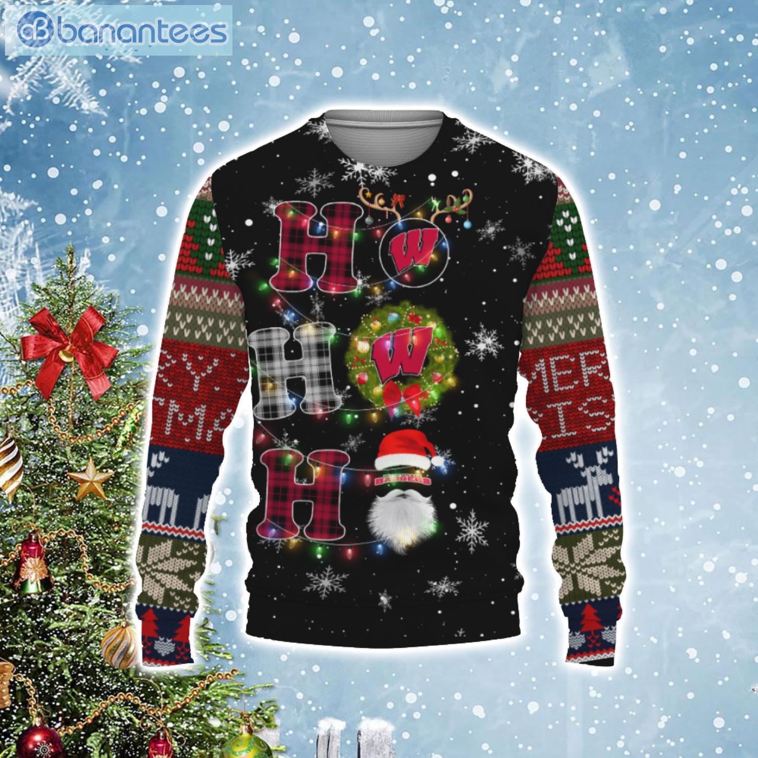 Wisconsin Badgers NCAA Santa Claus Ho Ho Ho Merry Christmas Light Ugly Christmas Sweater Product Photo 1
