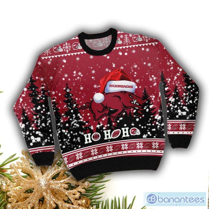 Arkansas Razorbacks NCAA Santa Claus Hat Ho Ho Ho 3D Custom Name Ugly Christmas Sweater Product Photo 2
