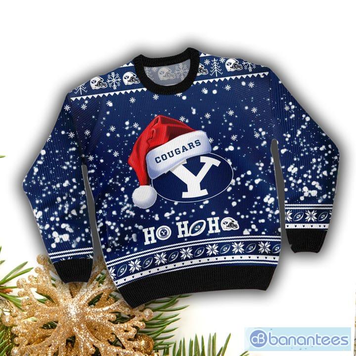 BYU Cougars NCAA Santa Claus Hat Ho Ho Ho 3D Custom Name Ugly Christmas Sweater Product Photo 2