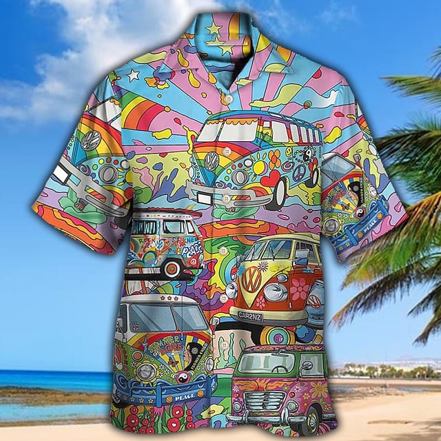 Mens Shirt Summer Hawaiian Shirt Prints Bus Cuban CollarCasual