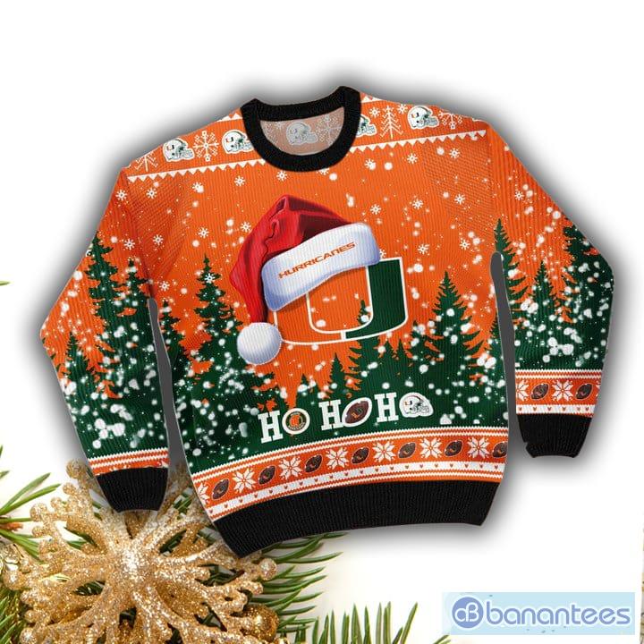 Miami Hurricanes NCAA Santa Claus Hat Ho Ho Ho 3D Custom Name Ugly Christmas Sweater Product Photo 2