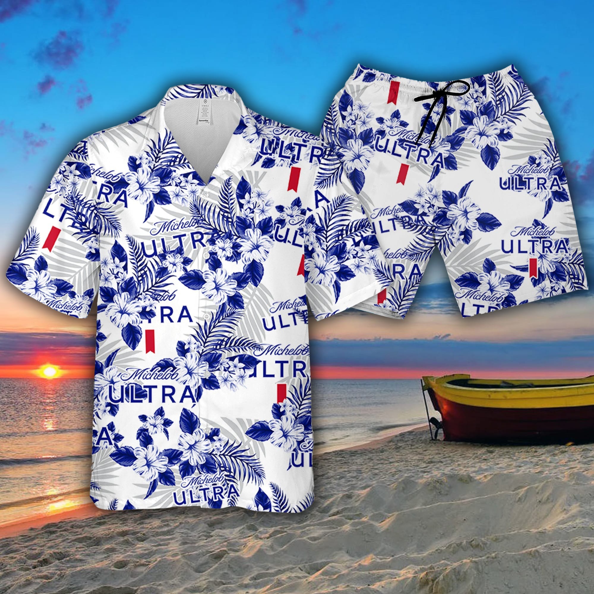 Michelob Ultra Hibiscus Flower Pattern Hawaiian Shirt And Short For Men And  Women