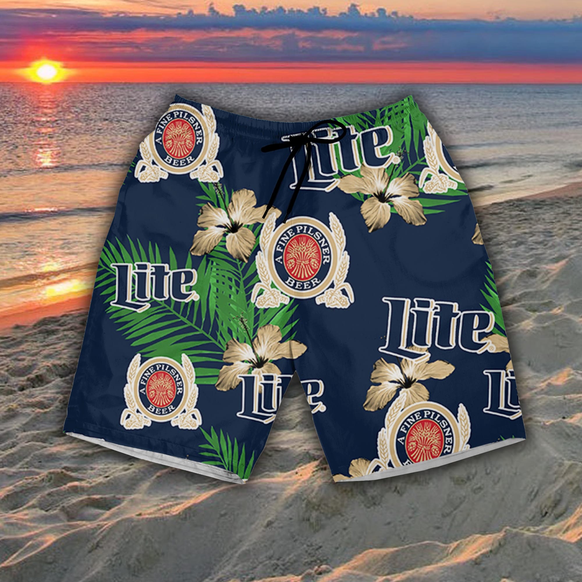 Miller Lite Hawaiian Shirt Tropical Flower Pattern