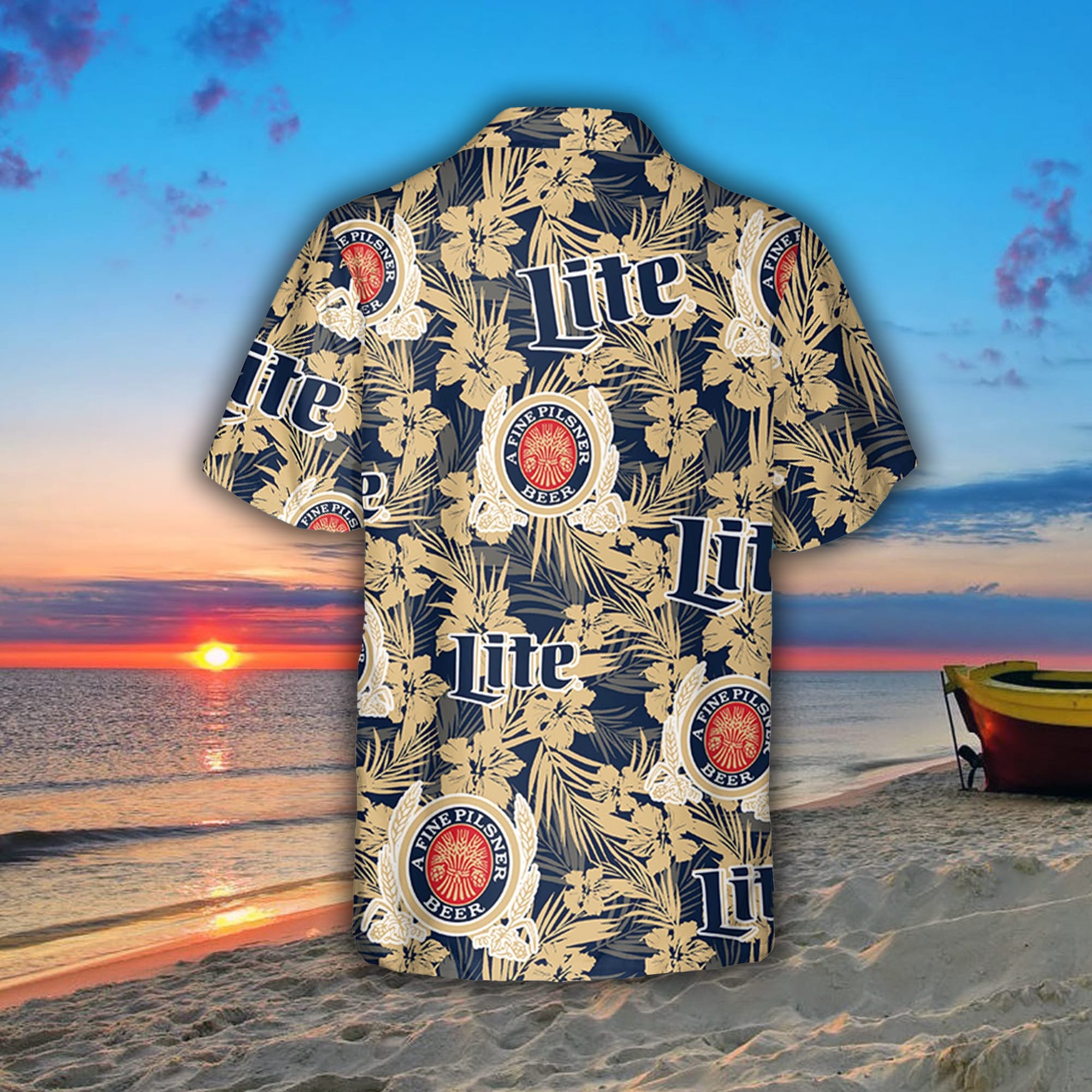 Miller Lite Hawaiian Shirt Tropical Flower Pattern