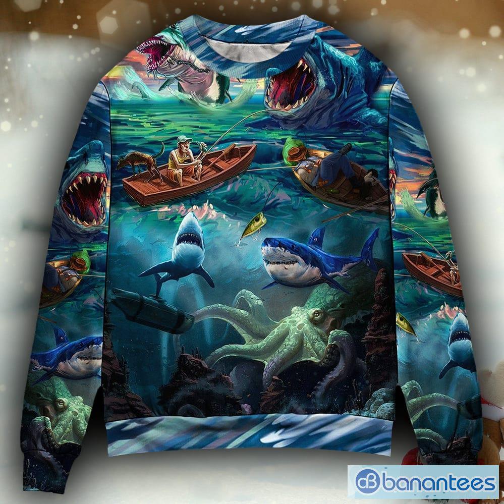 Fishing Shark Crazy Art Style Plus Outfit Ugly Christmas Sweaters -  Banantees