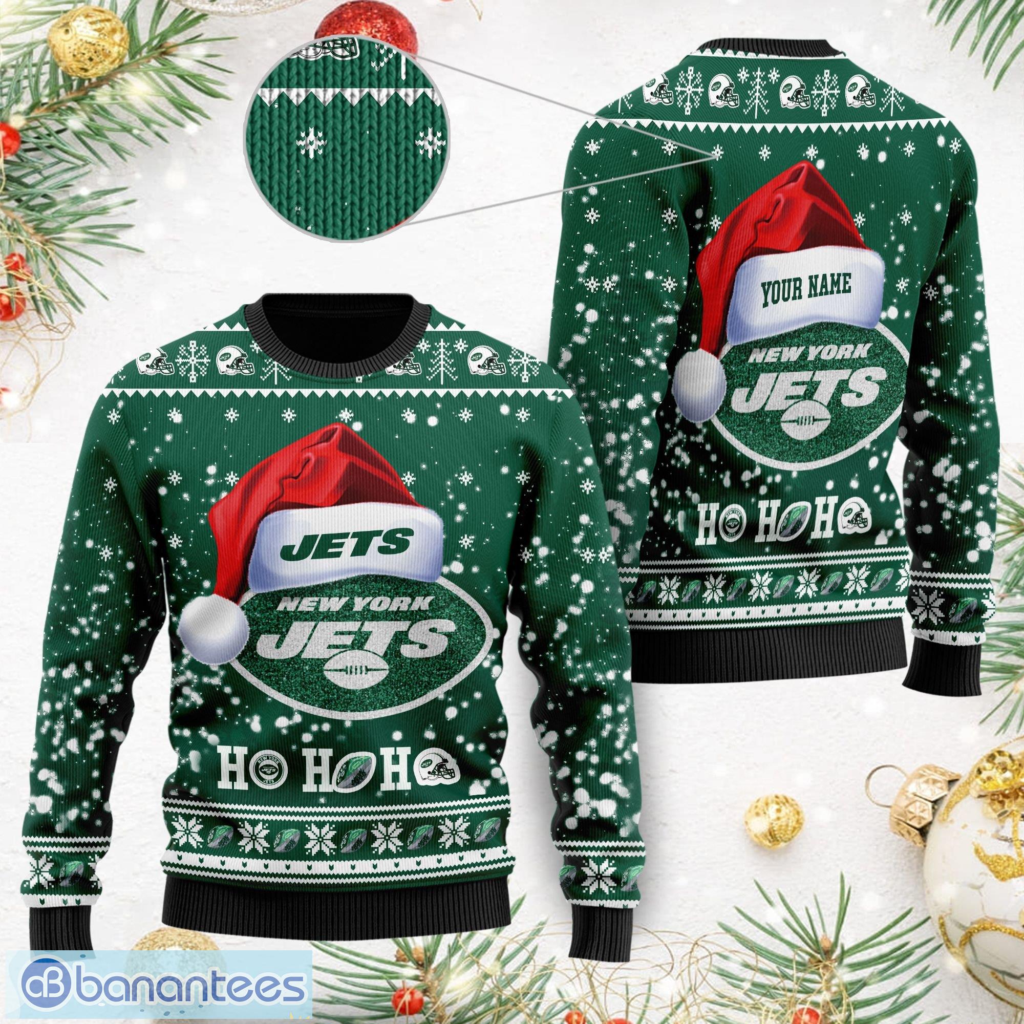 New York Jets Symbol Wearing Santa Claus Hat Ho Ho Ho Personalized Name  Sweater Gift For Christmas - Banantees