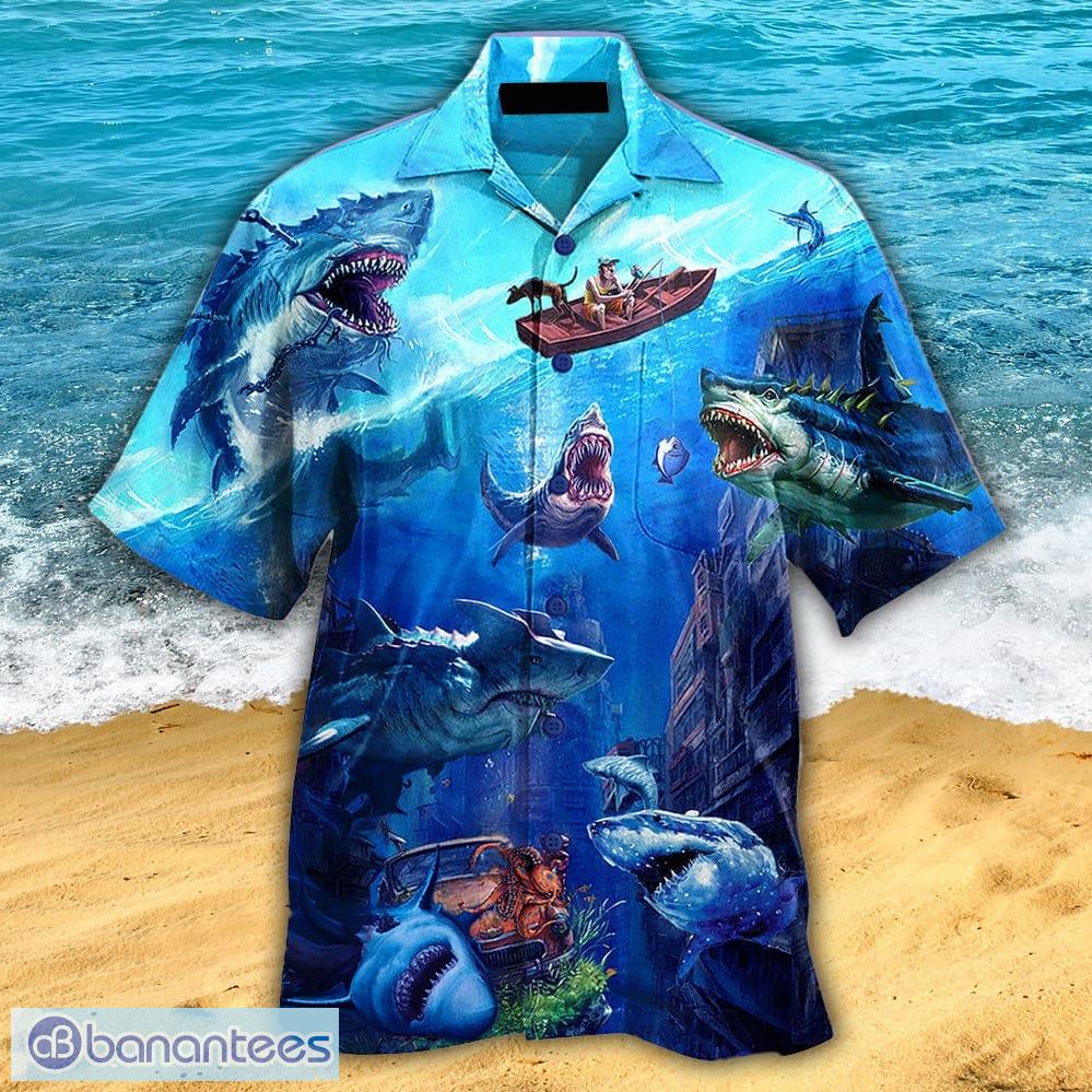 Shark Fishing Shark With Small Ship Blue Ocean Hawaiian Shirt For