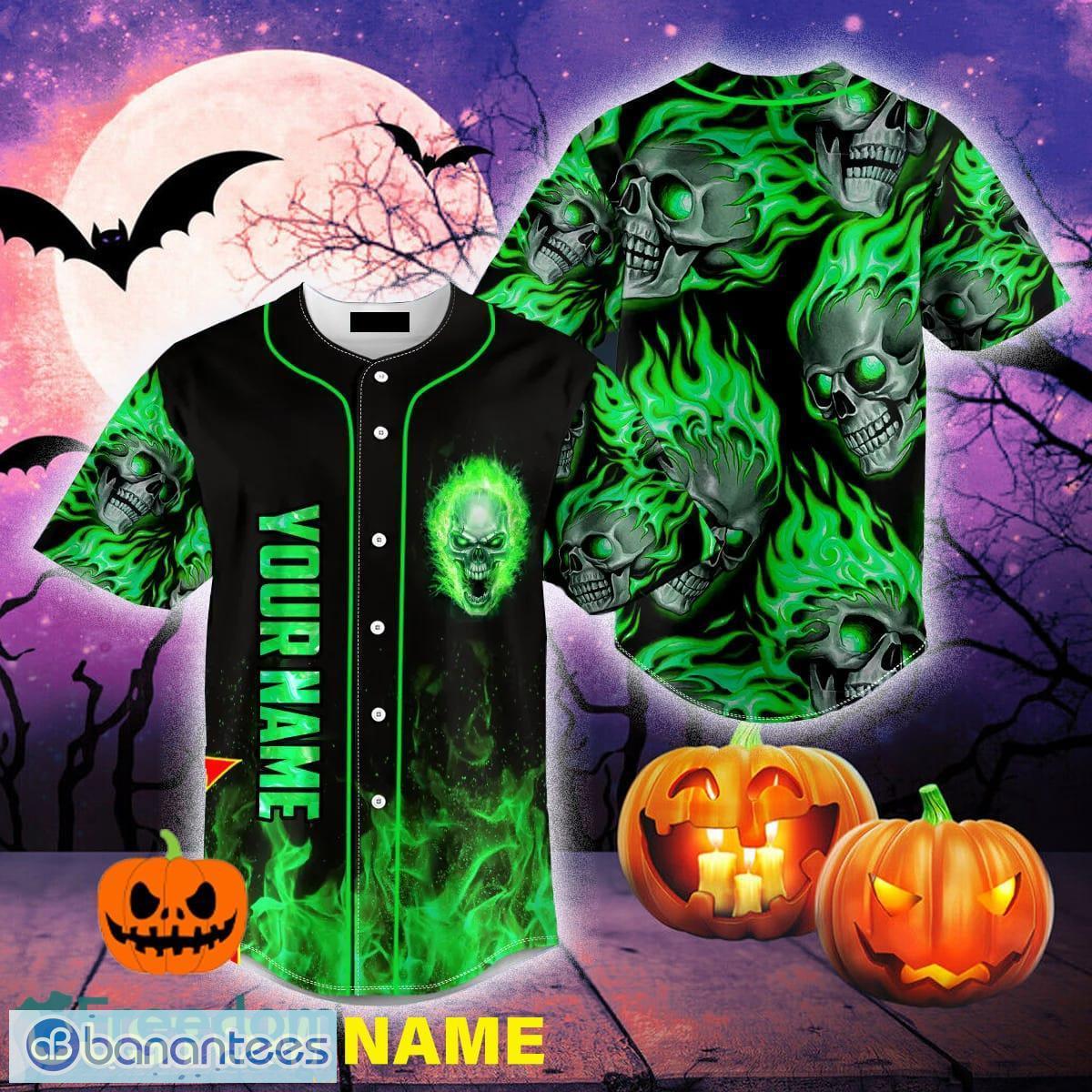 Custom Name Green Ghost Skull Baseball Jersey For Men And Women Gift  Halloween - Banantees