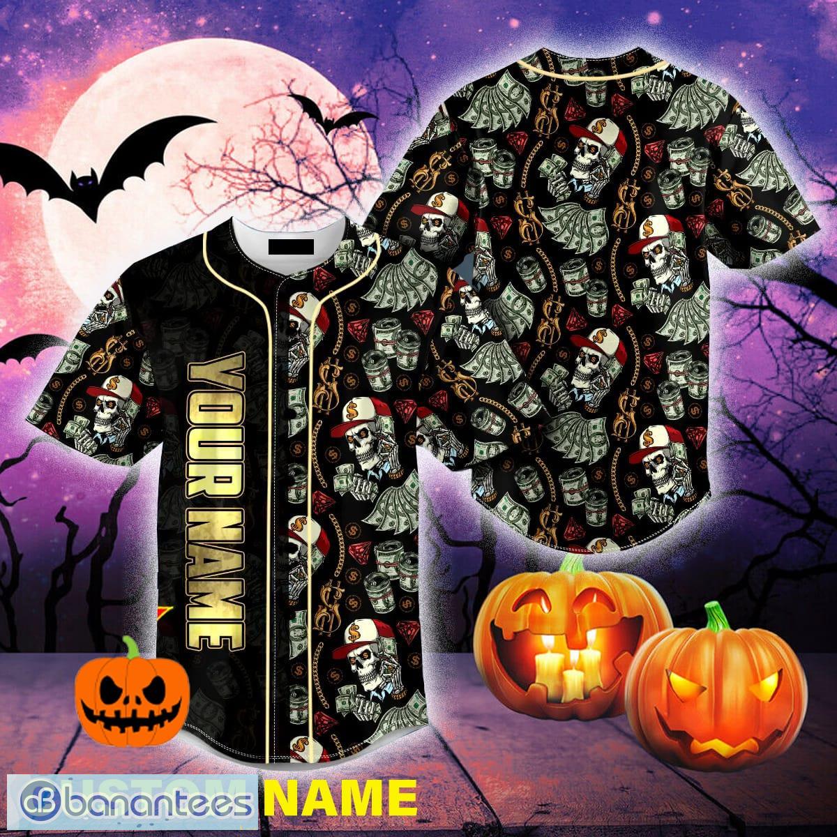 Custom Name Money Wealth Dollar Skull Baseball Jersey For Men And Women  Gift Halloween - Banantees