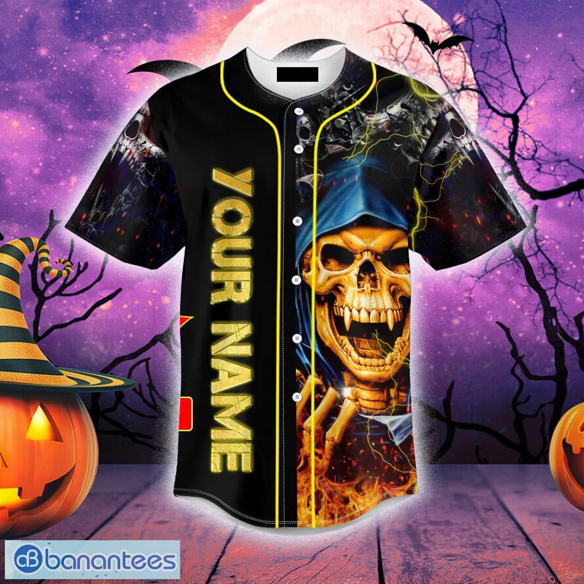 Custom Name Orange Grim Reaper Lightning Fire Baseball Jersey For