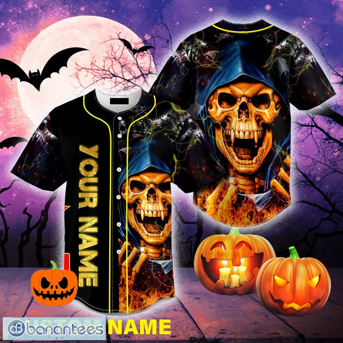 Custom Name Orange Grim Reaper Lightning Fire Baseball Jersey For