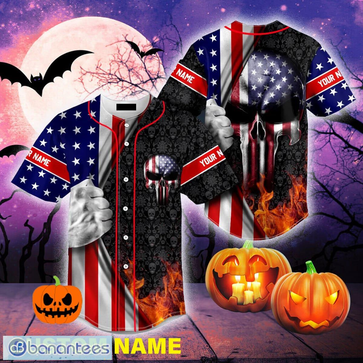 Custom Name Skull Golf USA American Flag Jersey Baseball Shirt