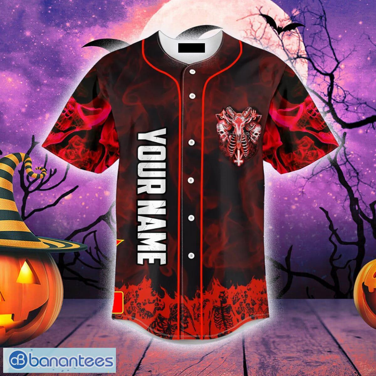 Custom Name Red Baphomet Evil Skull Baseball Jersey For Men And Women Gift  Halloween - Banantees