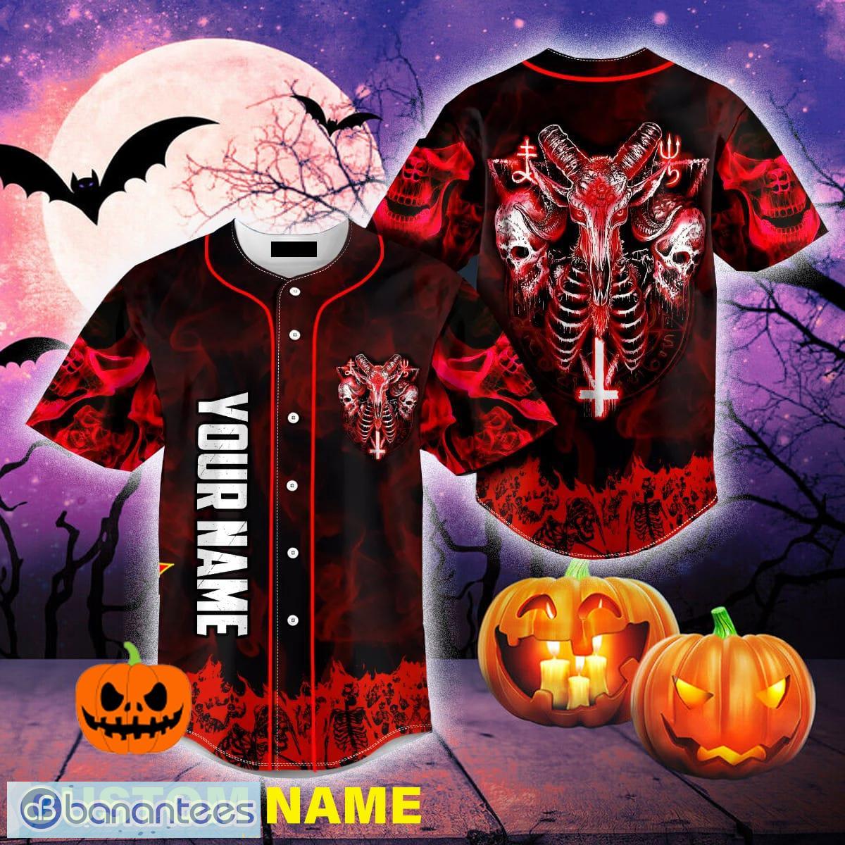 Custom Name Red Baphomet Evil Skull Baseball Jersey For Men And Women Gift  Halloween - Banantees