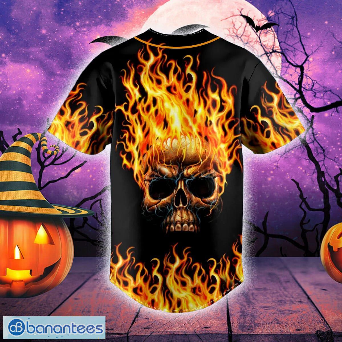 Custom Name Red Eyes Blue Fire Skull Baseball Jersey For Men And Women Gift  Halloween - Banantees