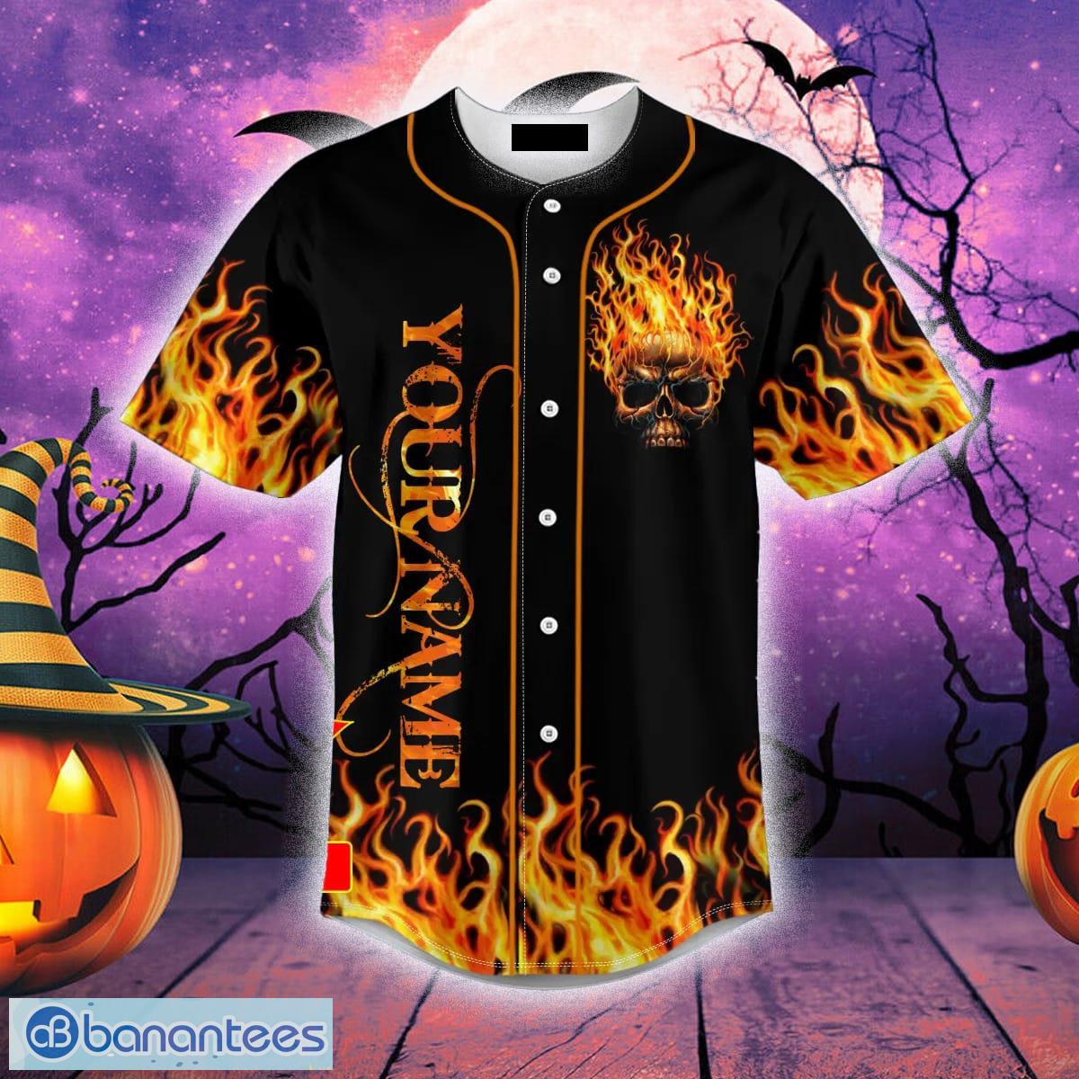 Custom Name Red Eyes Blue Fire Skull Baseball Jersey For Men And Women Gift  Halloween - Banantees