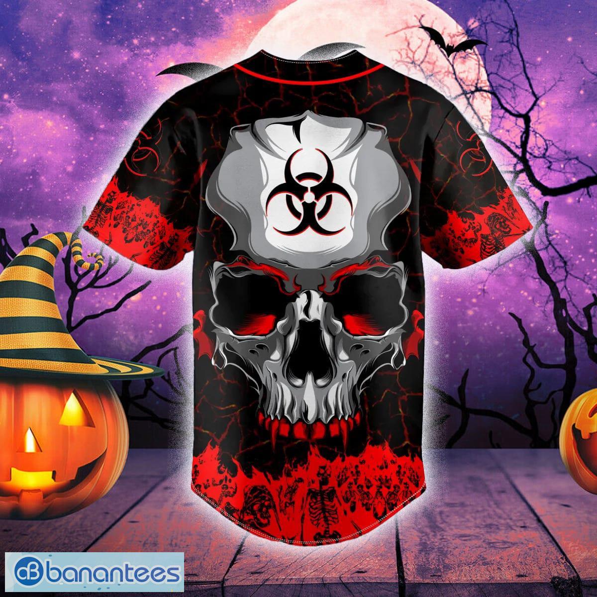 Custom Name Red Flame Biohazard Metal Skull Baseball Jersey For Men And  Women Gift Halloween - Banantees