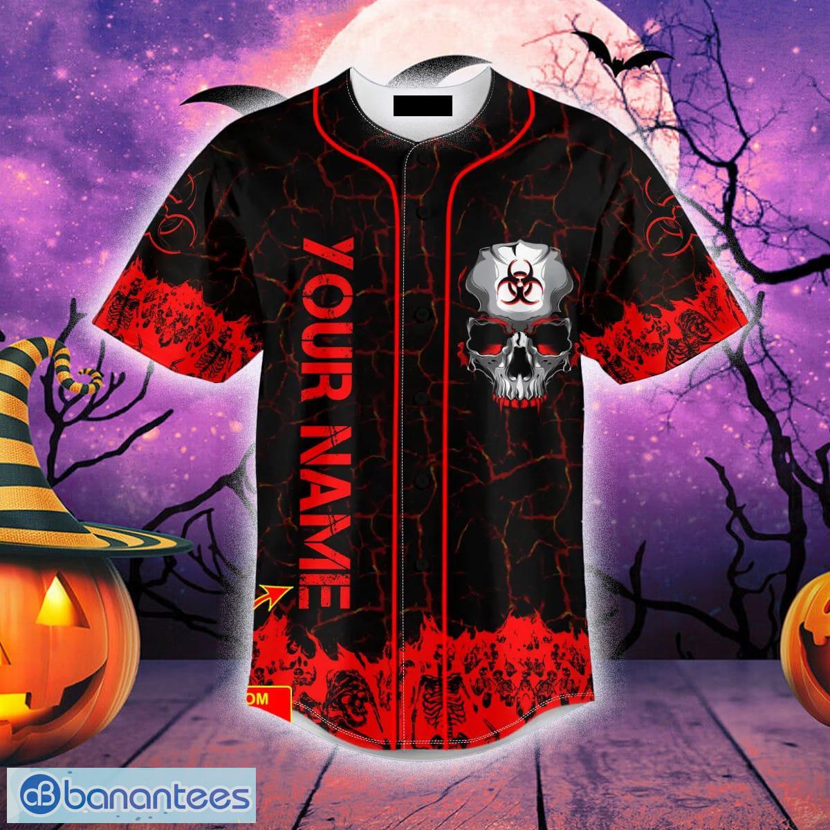 Custom Name Red Flame Biohazard Metal Skull Baseball Jersey For Men And  Women Gift Halloween - Banantees