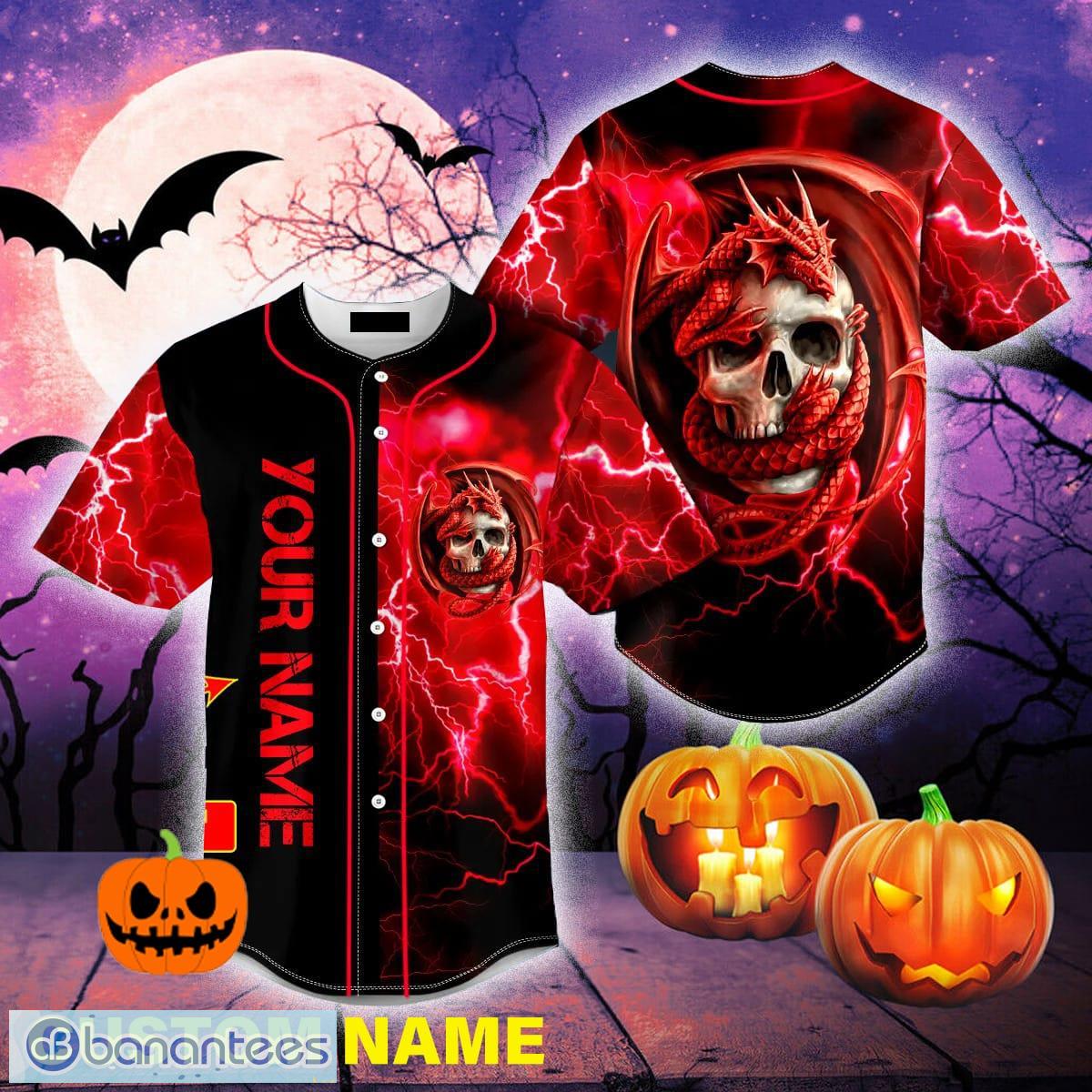 Black Red Dragon King Skull Custom Name All Over Print Baseball Jersey  Shirt - Banantees