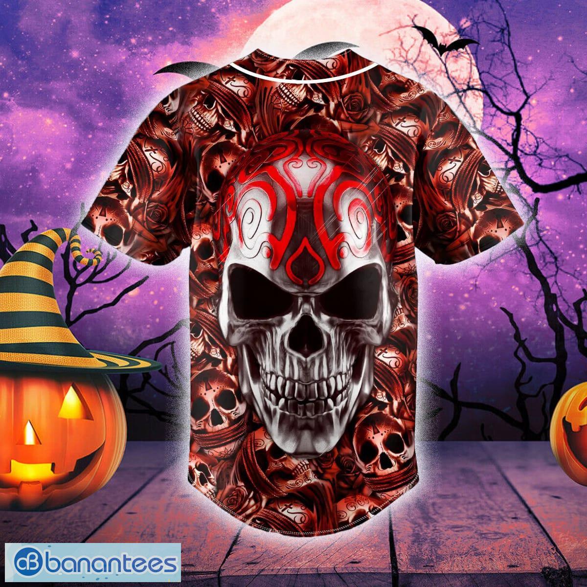 Black Red Scary Skull All Over Print Baseball Jersey Shirt - Banantees