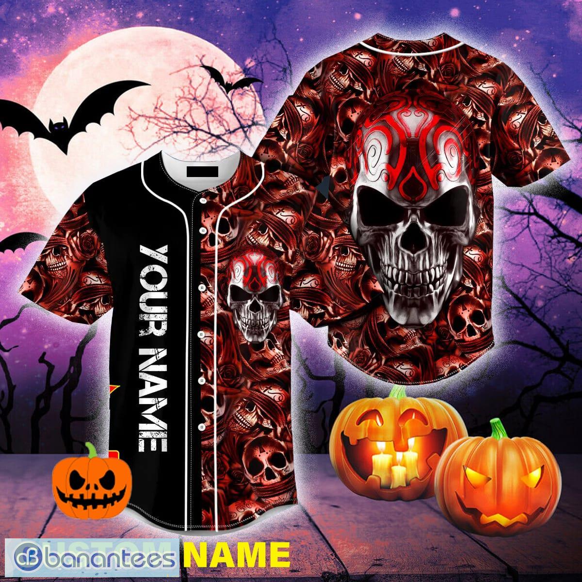 Black Red Scary Skull All Over Print Baseball Jersey Shirt - Banantees