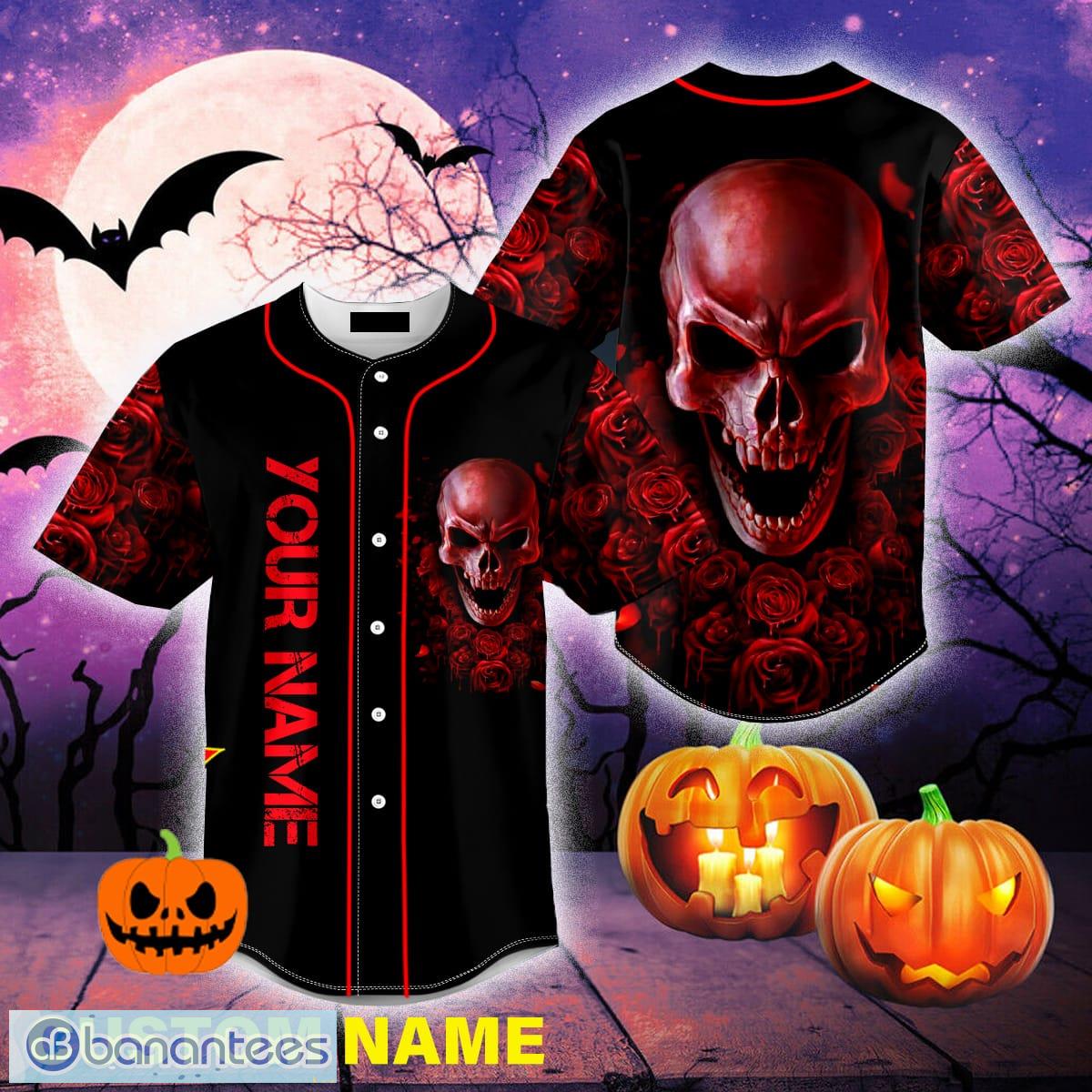 Black Red Scary Skull All Over Print Baseball Jersey Shirt - Banantees
