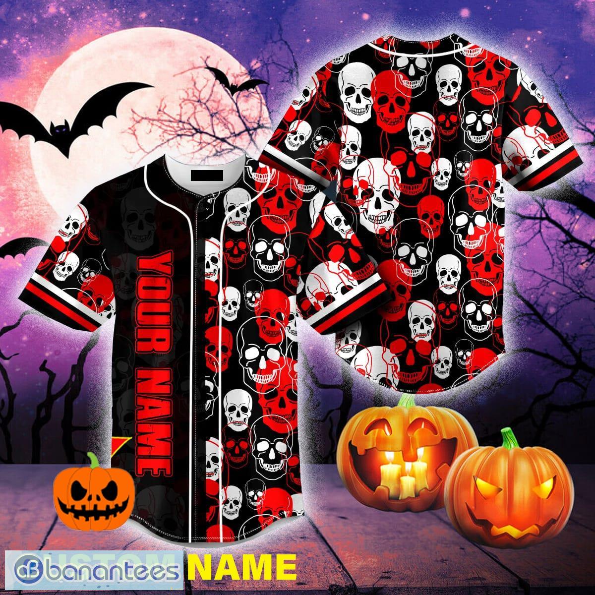 Custom Name Tiny Red Dragon N White Skull Baseball Jersey For Men And Women  Gift Halloween - Banantees