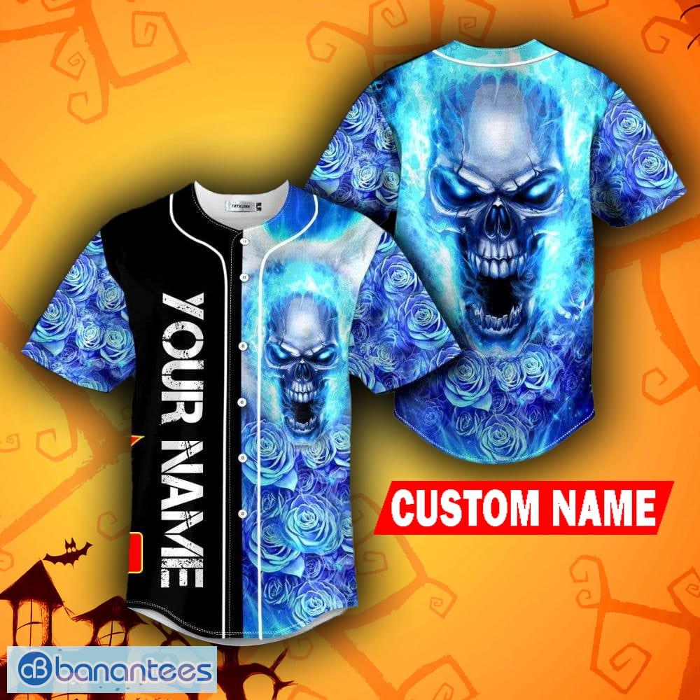 Custom Name Red Eyes Blue Fire Skull Baseball Jersey For Men And Women Gift  Halloween - Banantees