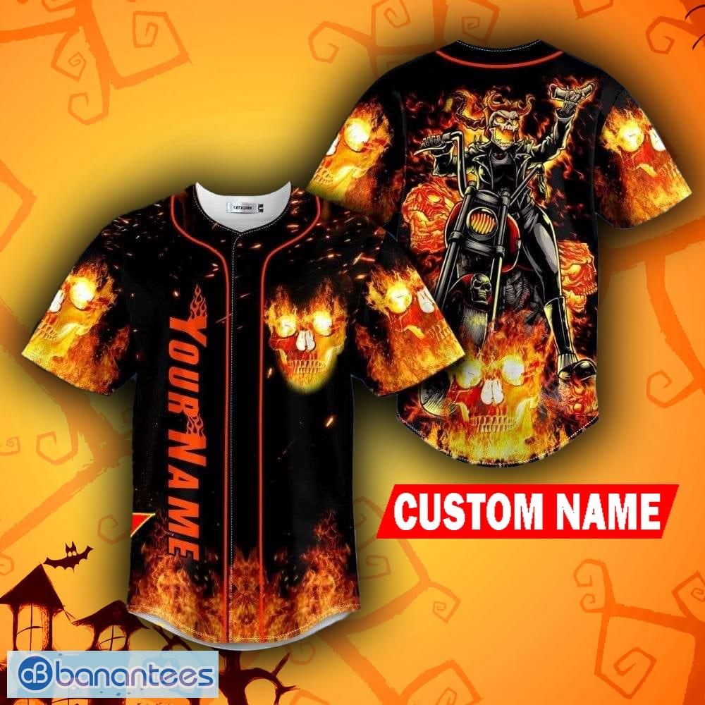 American Flag Firework Lightning Fire Skull Custom Name All Over Print  Baseball Jersey Shirt - Banantees