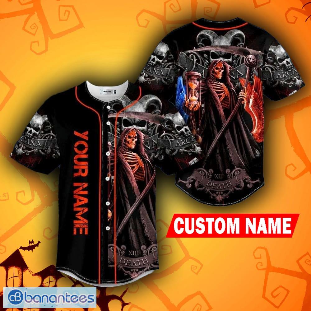 Grim Reaper Sand Clock Horned Halloween Skull Baseball Jersey Shirt Custom  Name - Banantees