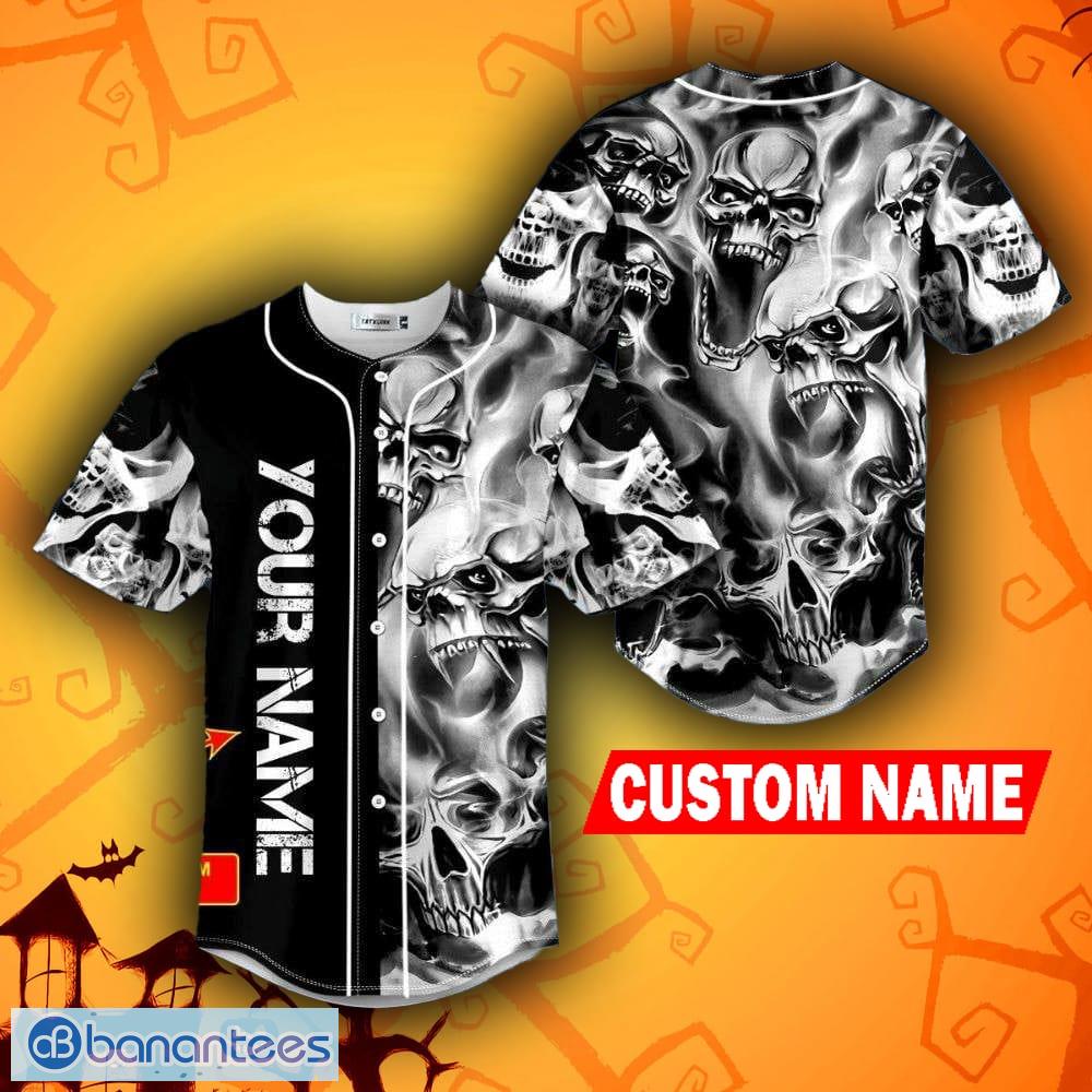 Custom Name Red Eyes Blue Fire Skull Baseball Jersey For Men And Women Gift  Halloween - Banantees