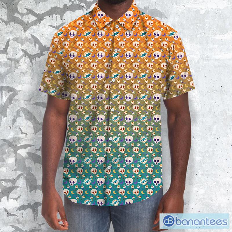 NFL Miami Dolphins Skull Leaf Halloween Fans Hawaiian Shirt Gift For Men  And Women - Banantees