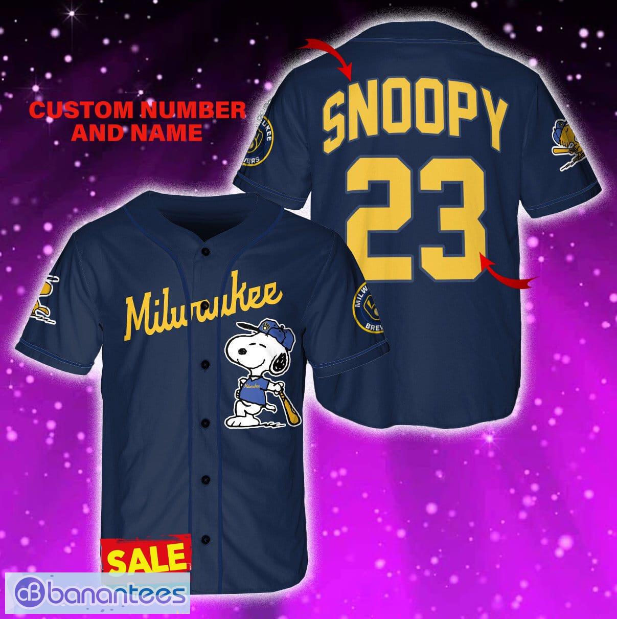 Milwaukee Brewers Peanuts Snoopy Jersey Baseball Shirt Navy Custom Number  And Name - Banantees