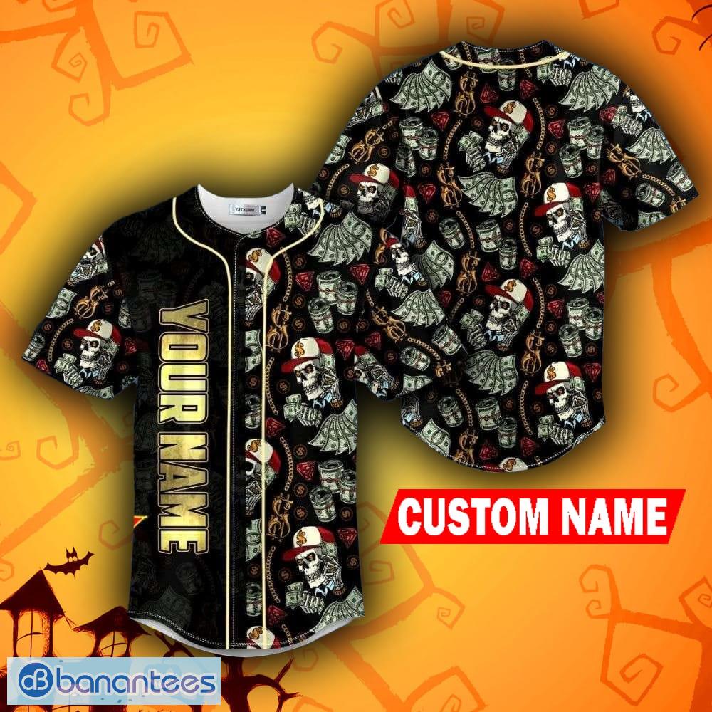 Custom Name Money Wealth Dollar Skull Baseball Jersey For Men And Women  Gift Halloween - Banantees