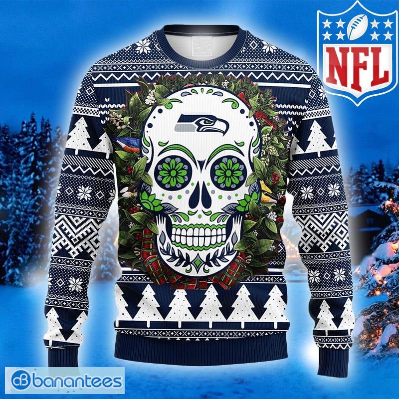 NFL Seattle Seahawks Skull Flower Ugly Christmas Fleece Sweater –