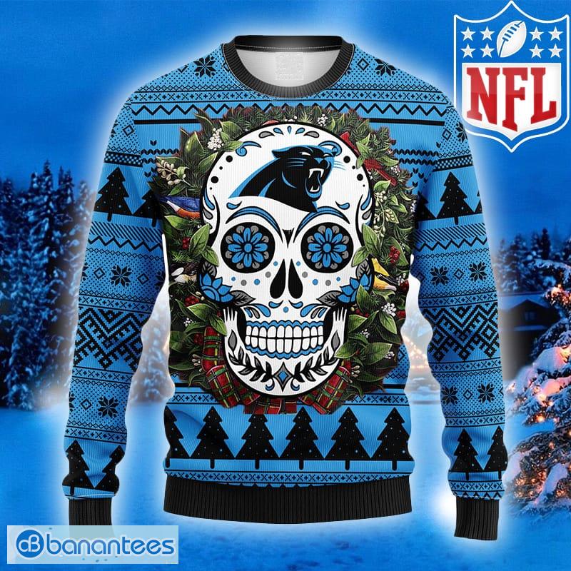 Carolina Panthers Fans Skull Reindeer Ugly Christmas Sweater - Freedomdesign