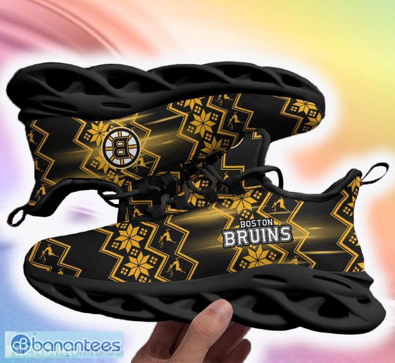 Boston Bruins Collar Ugly Christmas Snow Flowers Yellow Color Sneakers Max Soul Shoes For Fans Gift -  Boston Bruins Christmas Red Sneakers Max Soul Shoes For Fans Gift