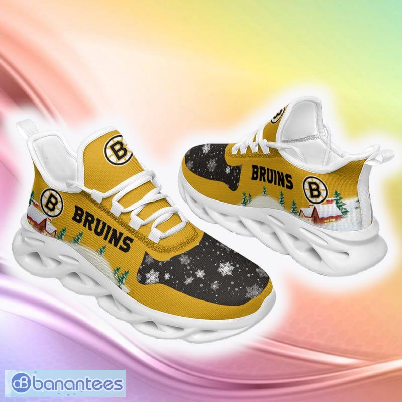 Boston Bruins Print Ugly Christmas Snow Flowers Yellow Color Sneakers Max Soul Shoes For Fans Gift -  Boston Bruins Christmas Red Sneakers Max Soul Shoes For Fans Gift