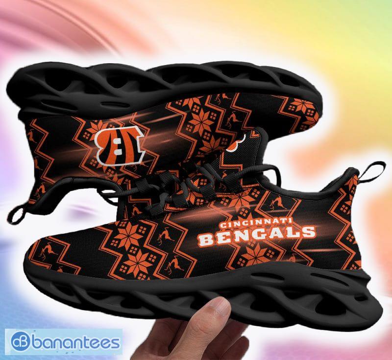 Cincinnati Bengals Exotic Ugly Christmas Snow Flowers Orange Color Sneakers  Max Soul Shoes For Fans Gift - Banantees