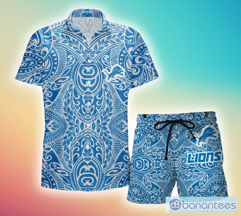 Detroit Lions 2 Pieces Outfits Casual Zip Collared Shirt Beach Shorts Set