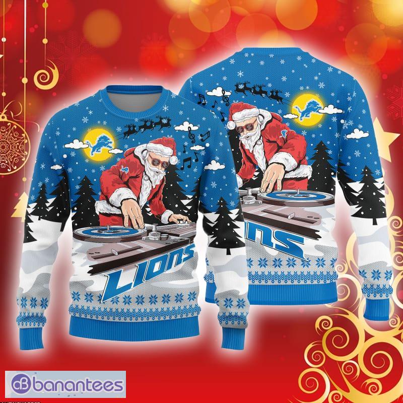 Detroit Lions Logo Knitted Funny DJ Santa Ugly Christmas Sweater - Banantees